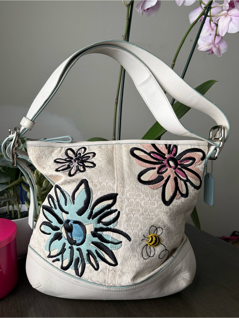 Coach White Floral Appliquรฉ Shoulder Bag with Blue and Pink Accents